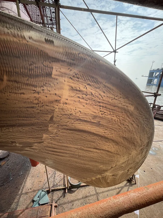 Bulbous bow surface after blasting. Shanghai, early 2026.