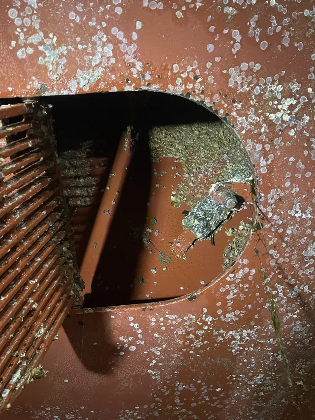 Sea chest open, grating removed, barnacle fouling inside. Shanghai, early 2026.