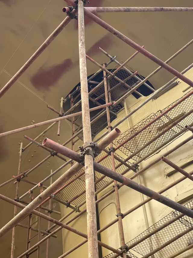 Scaffolding rigged at the stern. Shanghai, early 2026.